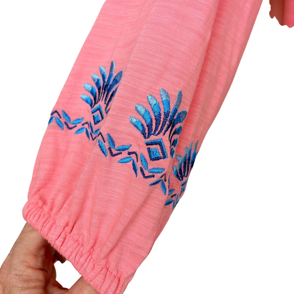 Embroidered Coral Peasant Top with Blue Tassel - Picture 4 of 8